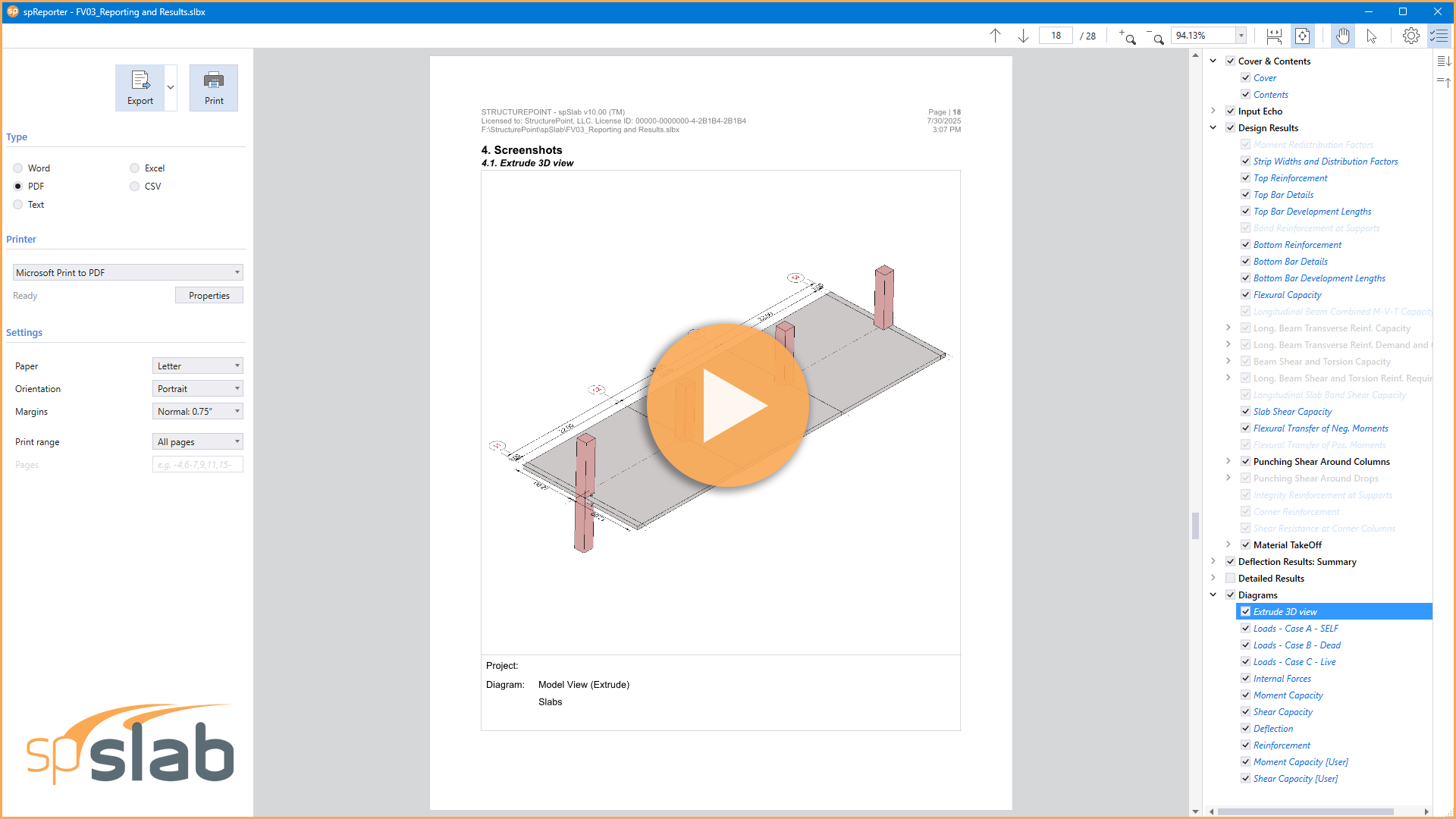 spSlab Reporting Results and Export Options